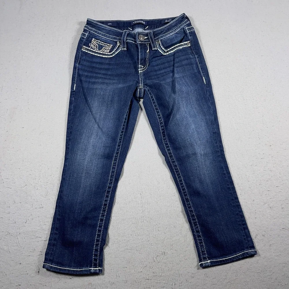 Vigoss Jeans Womens Size 2‎ Capri Blue Heritage Fit Embroidered Pockets Denim